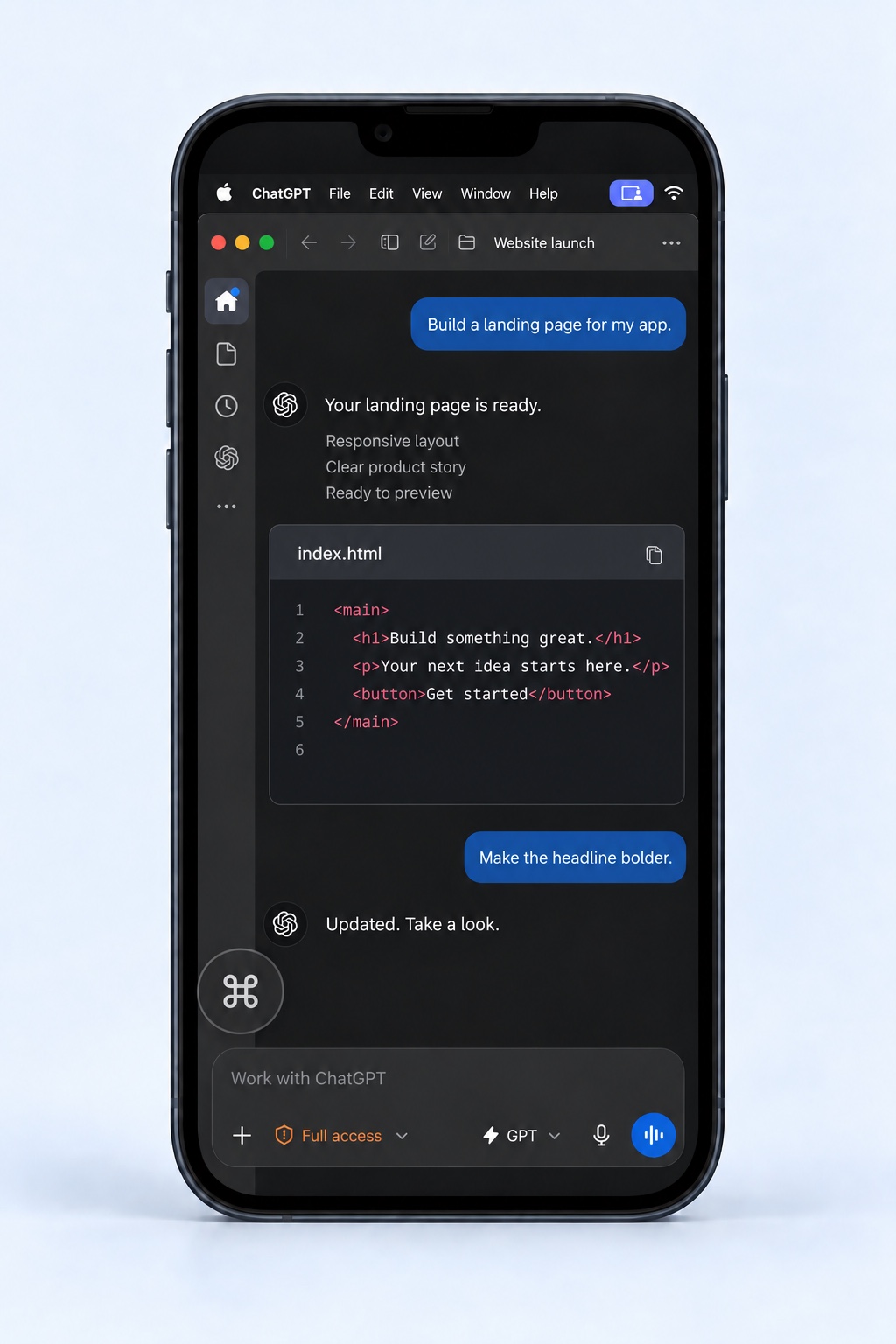 Illustration: a phone remotely displays the dark Mac ChatGPT app in a portrait workspace, with a menu bar, icon sidebar, readable conversation, floating Command button, and bottom composer.